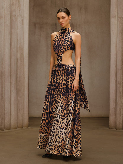 Sylvarix Leopard Cutout Scarf Maxi Dress
