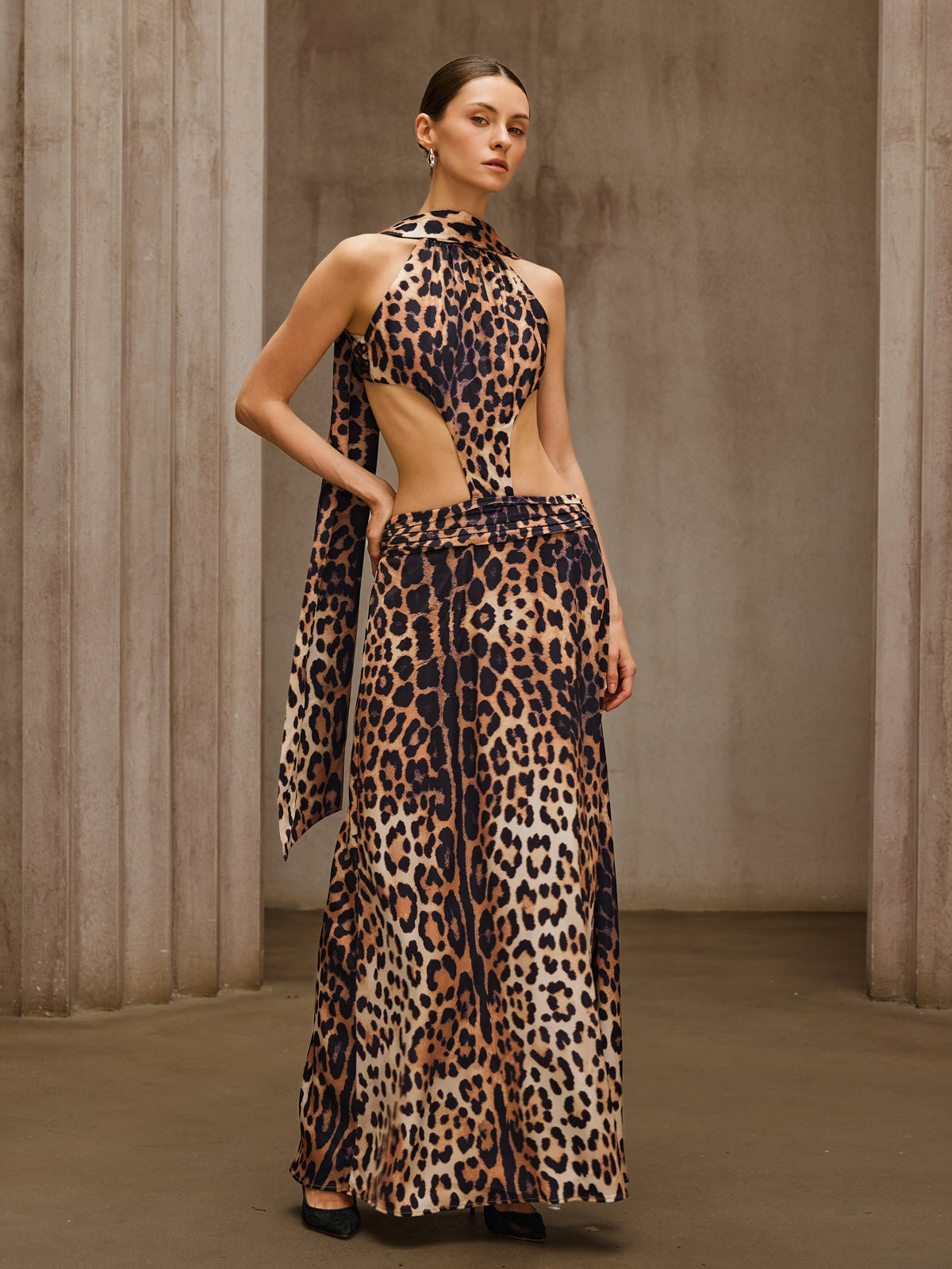 Sylvarix Leopard Cutout Scarf Maxi Dress