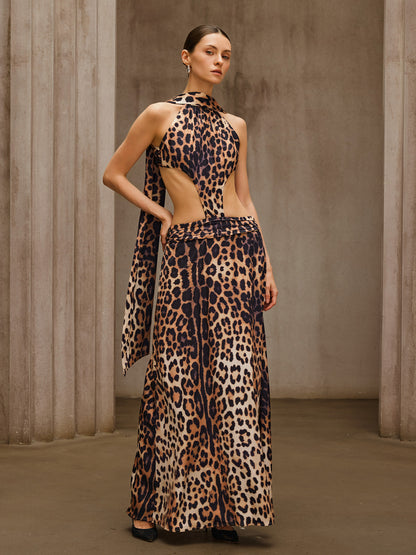 Sylvarix Leopard Cutout Scarf Maxi Dress