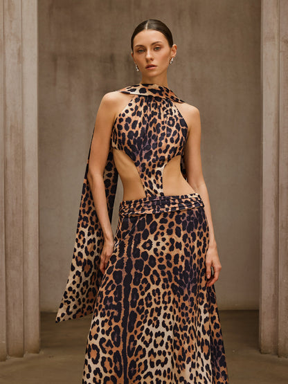 Sylvarix Leopard Cutout Scarf Maxi Dress
