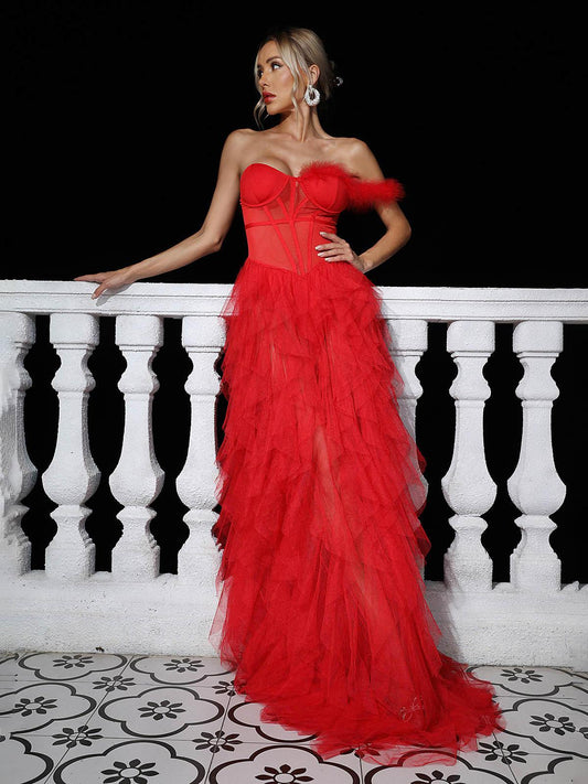 Rosstef Titania One Shoulder Tulle Maxi Dress