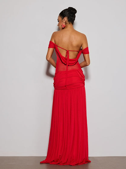 Tivora Off Shoulder Mesh Ruched Maxi Dress