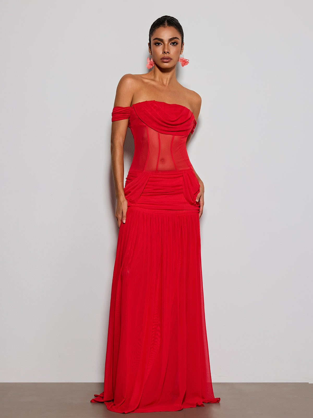 Tivora Off Shoulder Mesh Ruched Maxi Dress