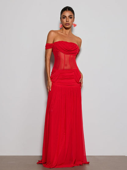 Tivora Off Shoulder Mesh Ruched Maxi Dress