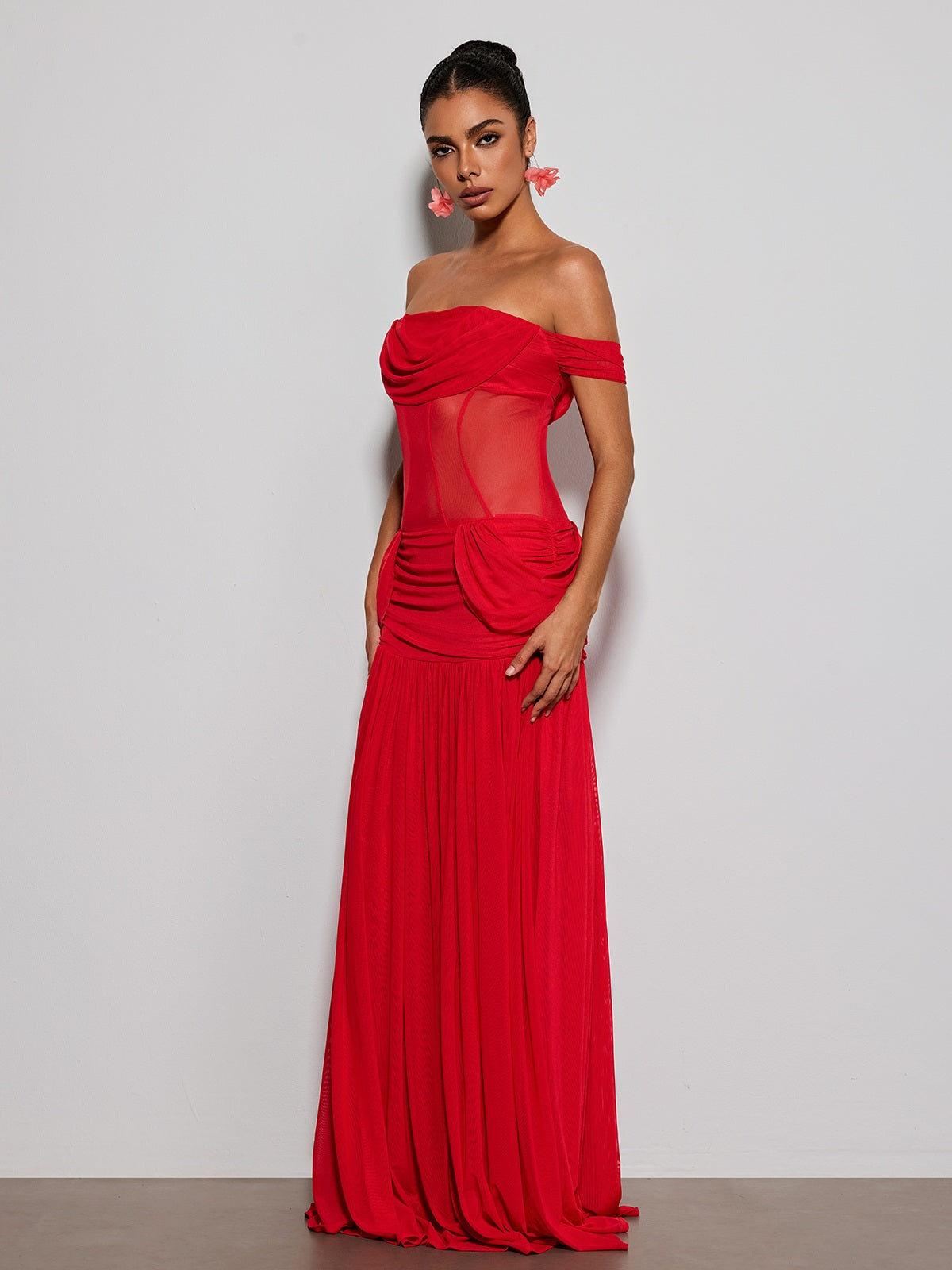 Tivora Off Shoulder Mesh Ruched Maxi Dress