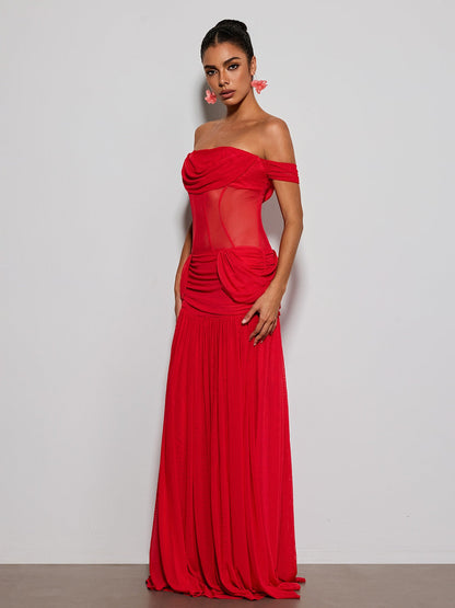 Tivora Off Shoulder Mesh Ruched Maxi Dress