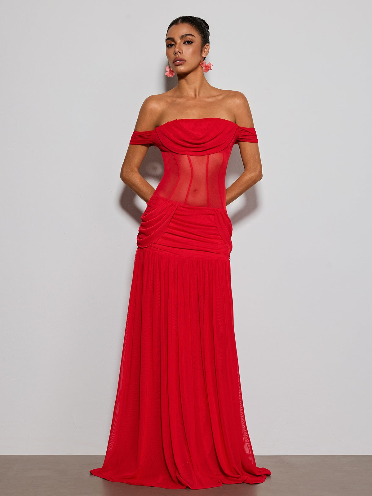 Tivora Off Shoulder Mesh Ruched Maxi Dress