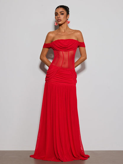 Tivora Off Shoulder Mesh Ruched Maxi Dress