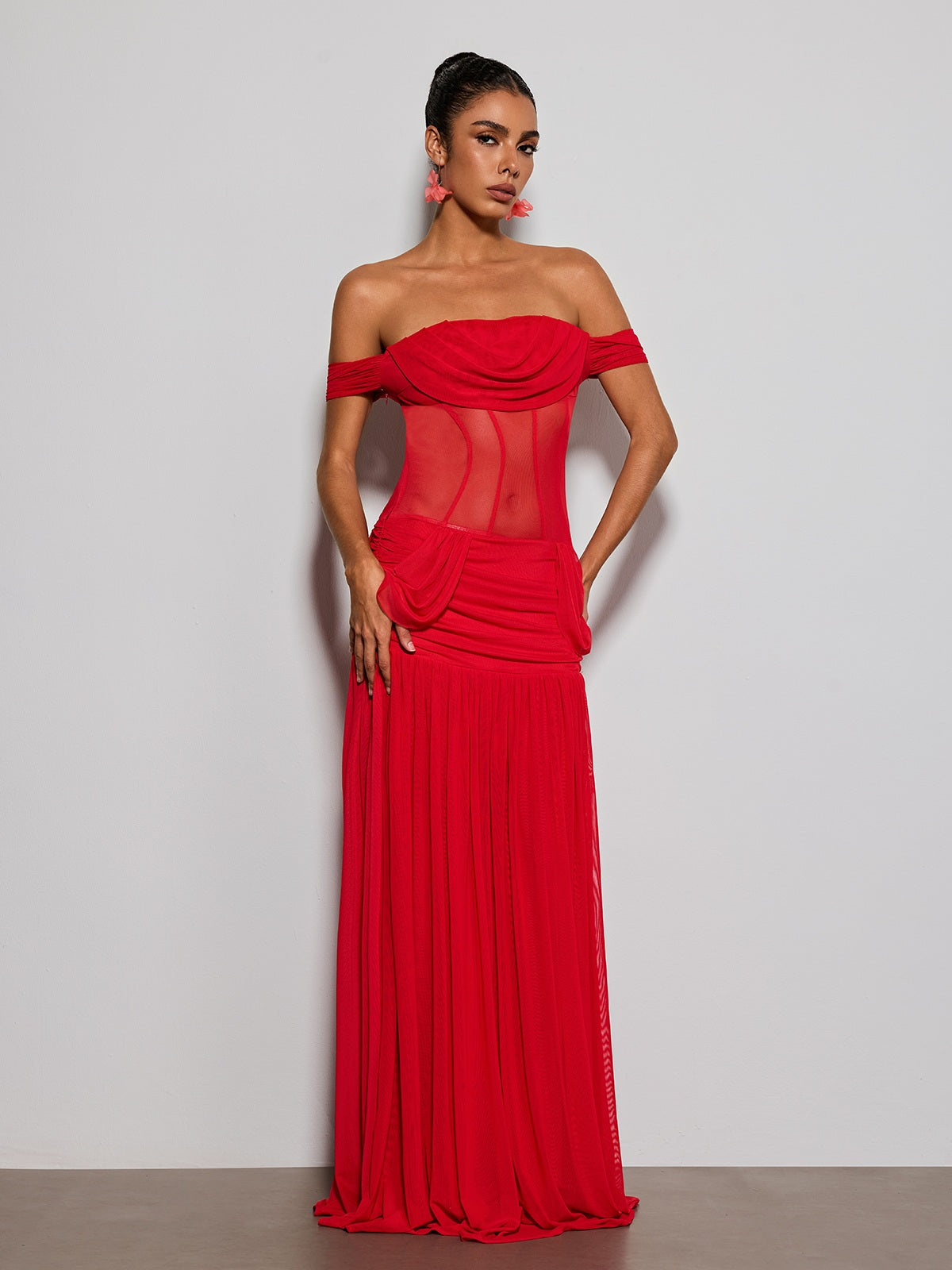 Tivora Off Shoulder Mesh Ruched Maxi Dress