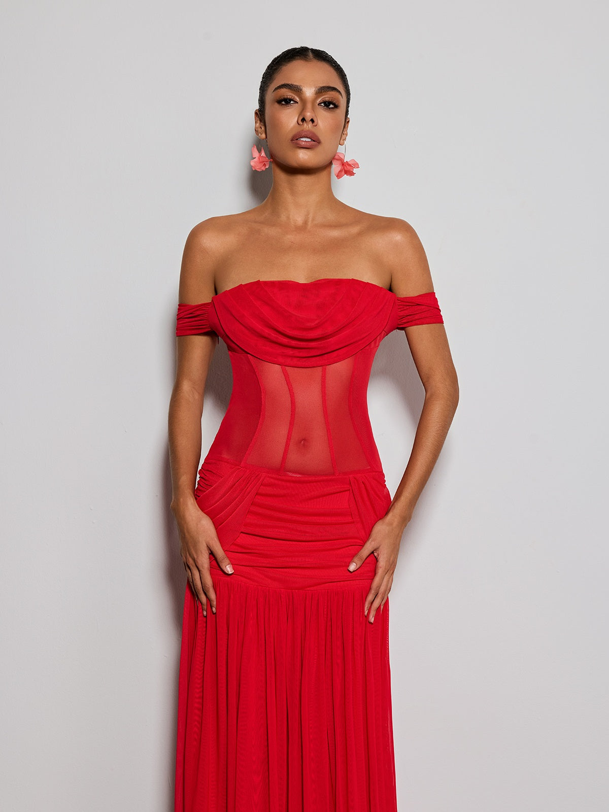 Tivora Off Shoulder Mesh Ruched Maxi Dress