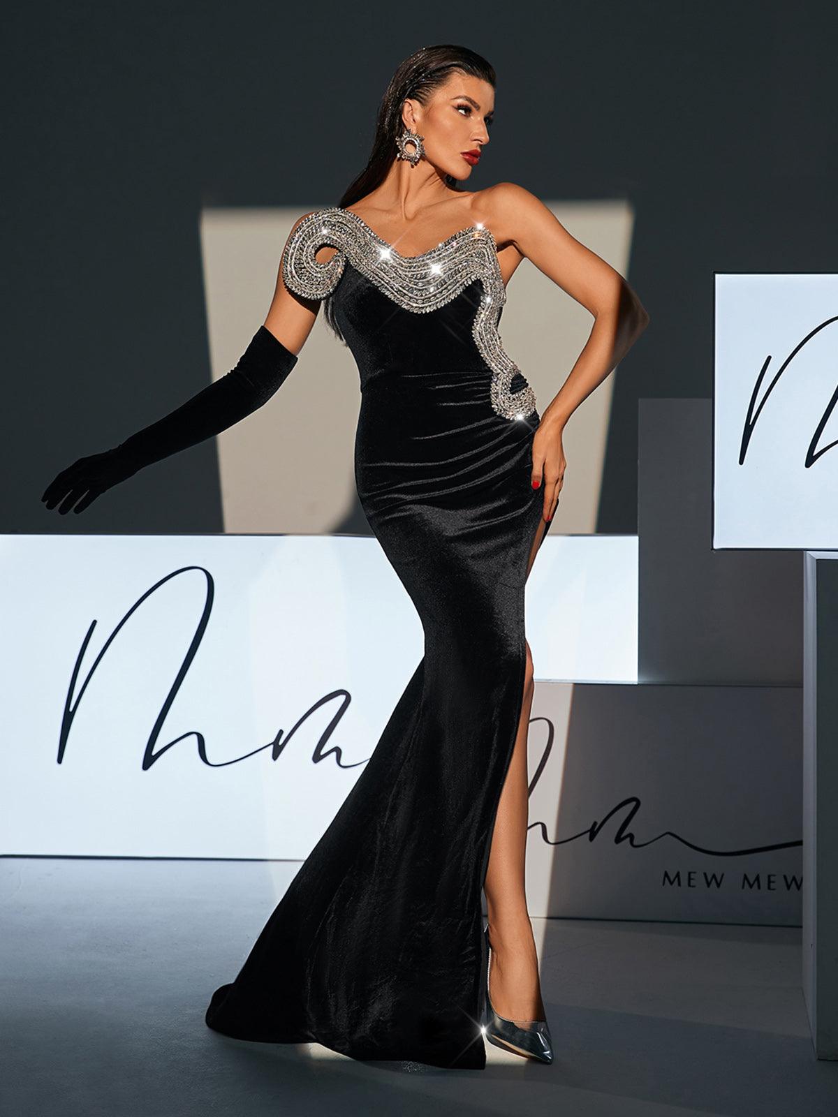 Rosstef Torin Strapless Wave Crystal Velvet Maxi Dress