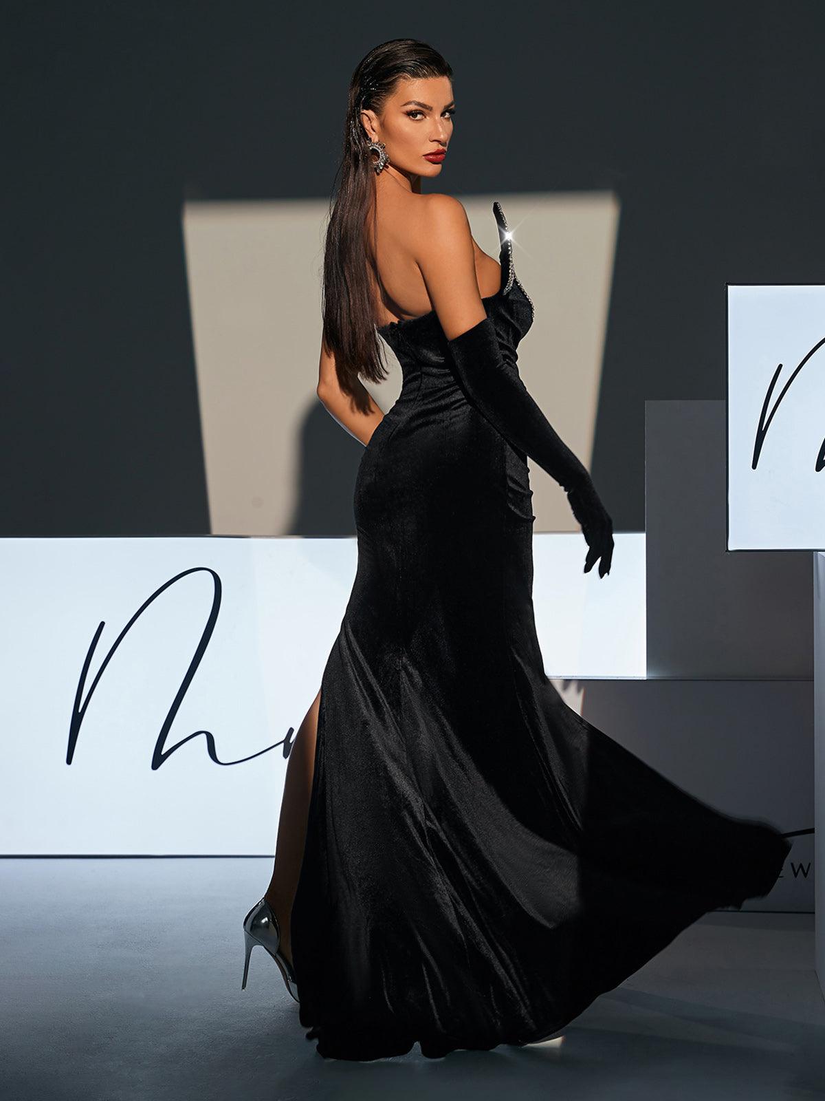 Rosstef Torin Strapless Wave Crystal Velvet Maxi Dress