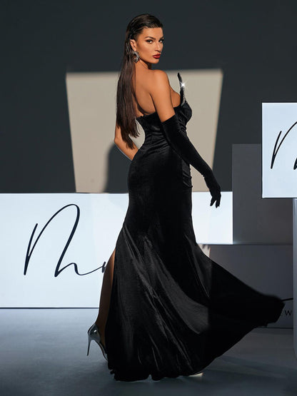 Rosstef Torin Strapless Wave Crystal Velvet Maxi Dress