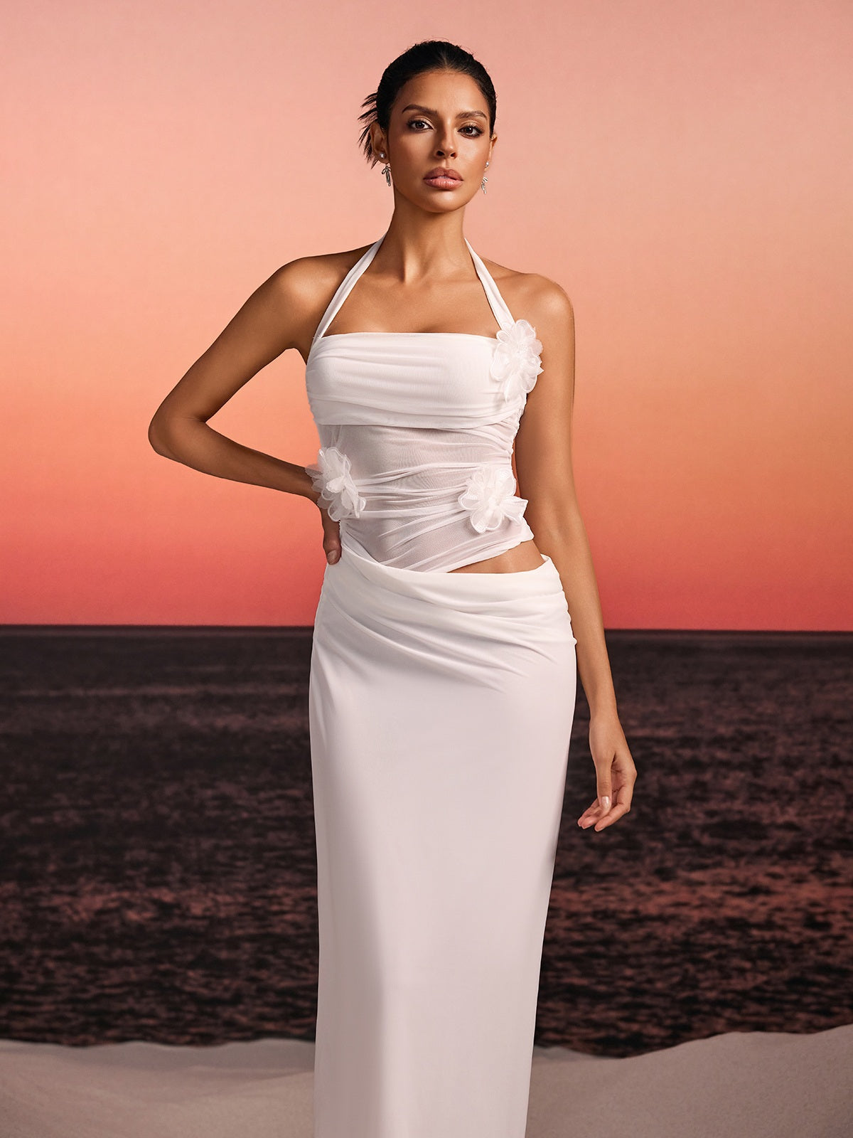 Torinex Halterneck Flower Maxi Dress In White