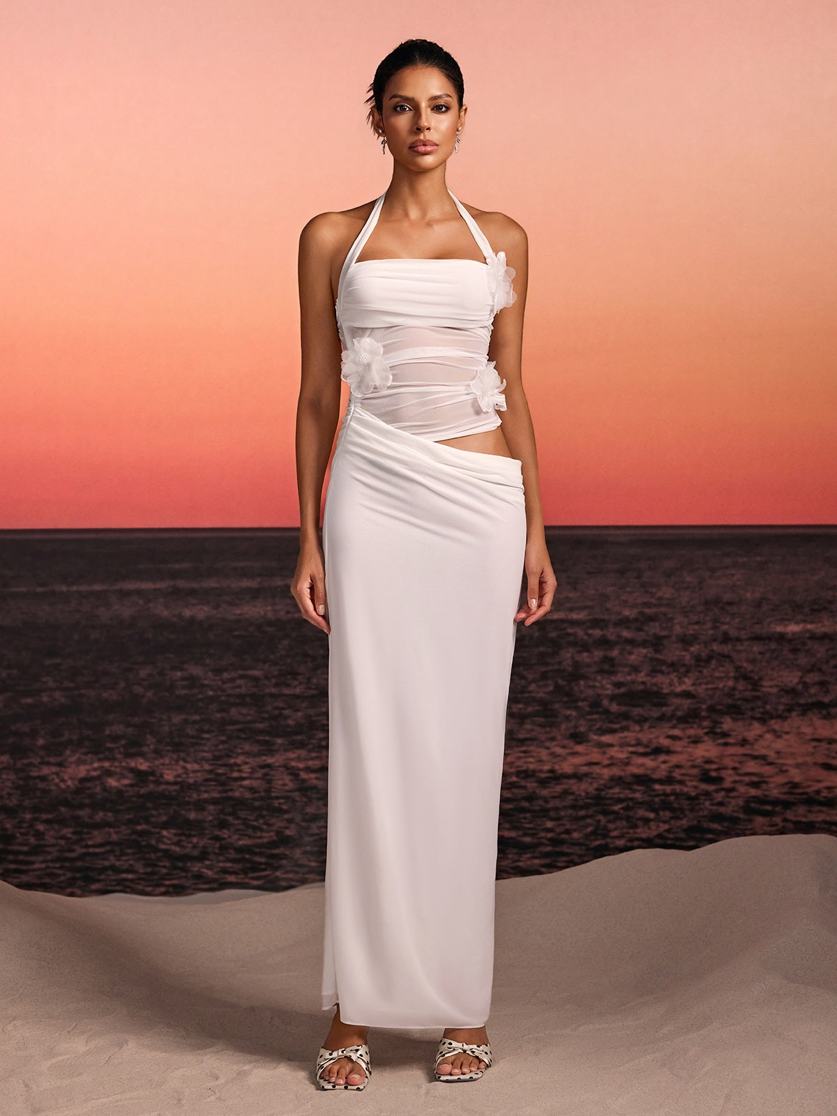 Torinex Halterneck Flower Maxi Dress In White