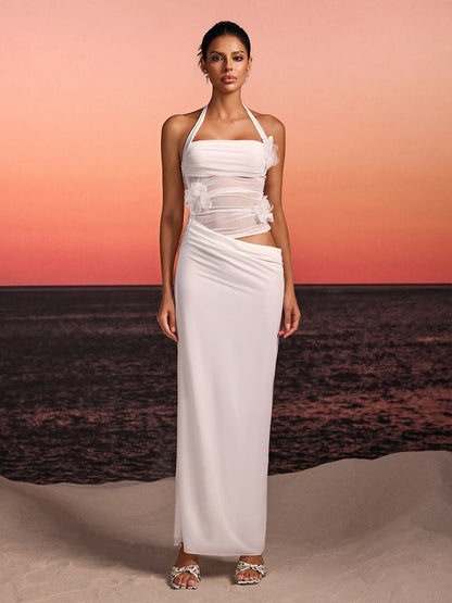 Torinex Halterneck Flower Maxi Dress In White