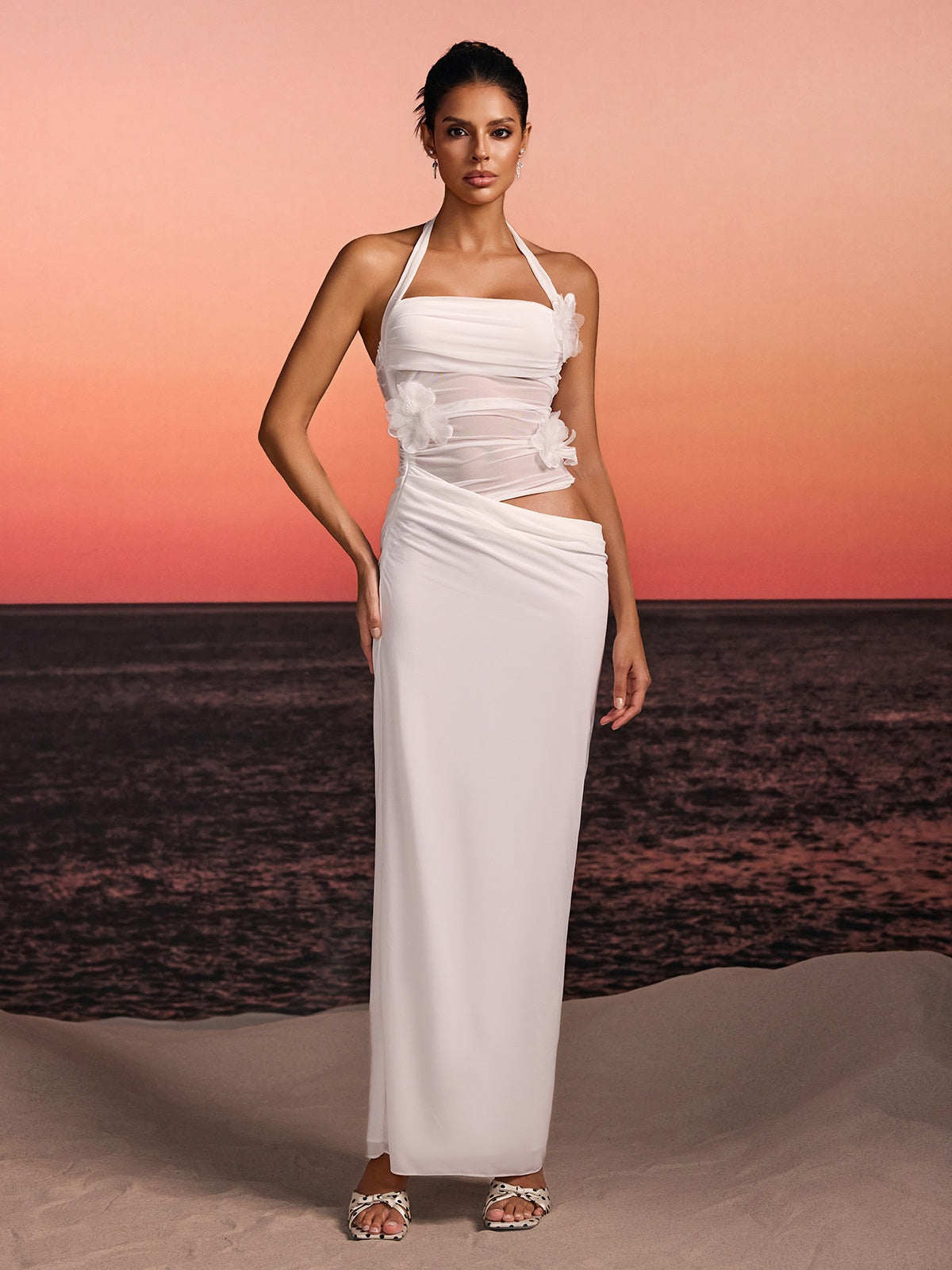 Torinex Halterneck Flower Maxi Dress In White