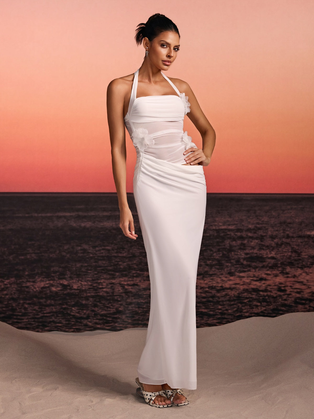 Torinex Halterneck Flower Maxi Dress In White
