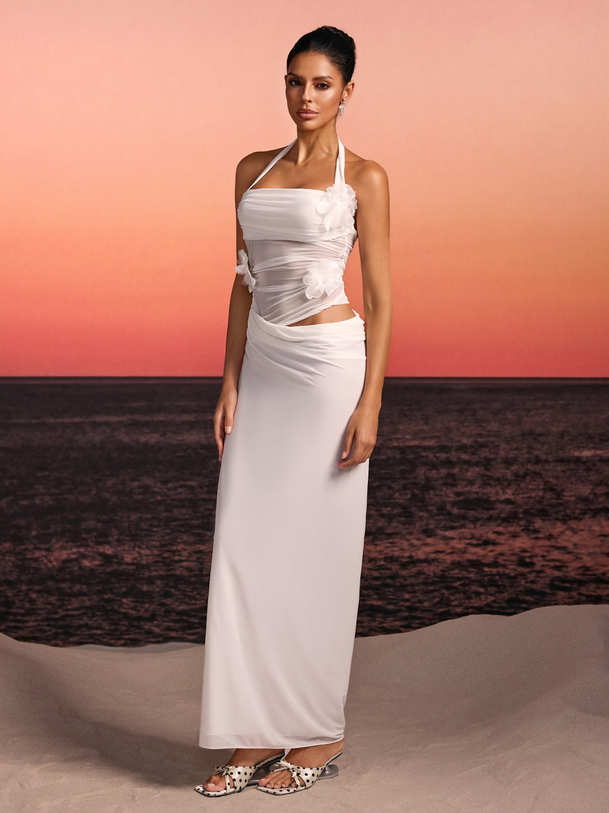 Torinex Halterneck Flower Maxi Dress In White