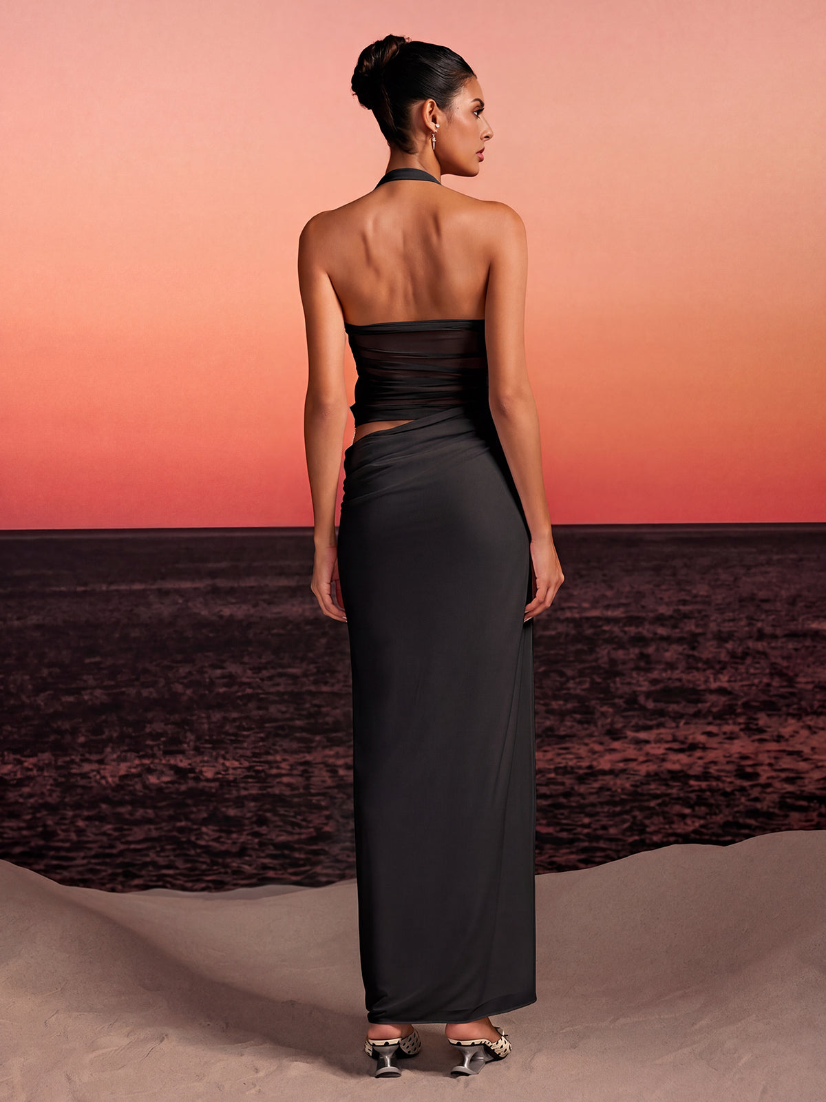 Torinex Halterneck Flower Maxi Dress In Black