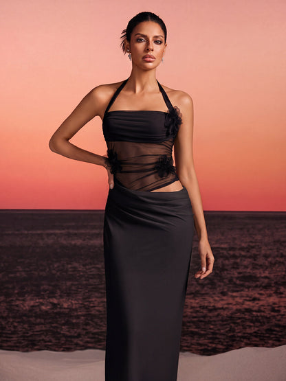 Torinex Halterneck Flower Maxi Dress In Black