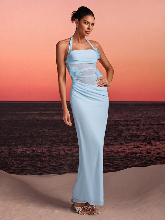 Rosstef Halterneck Flower Maxi Dress - Sky