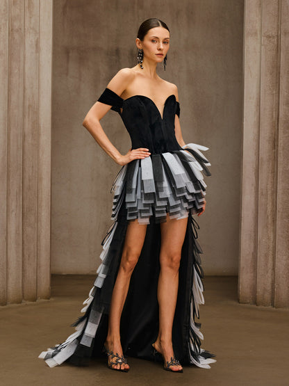 Rosstef Off Shoulder Velvet Trailing Dress