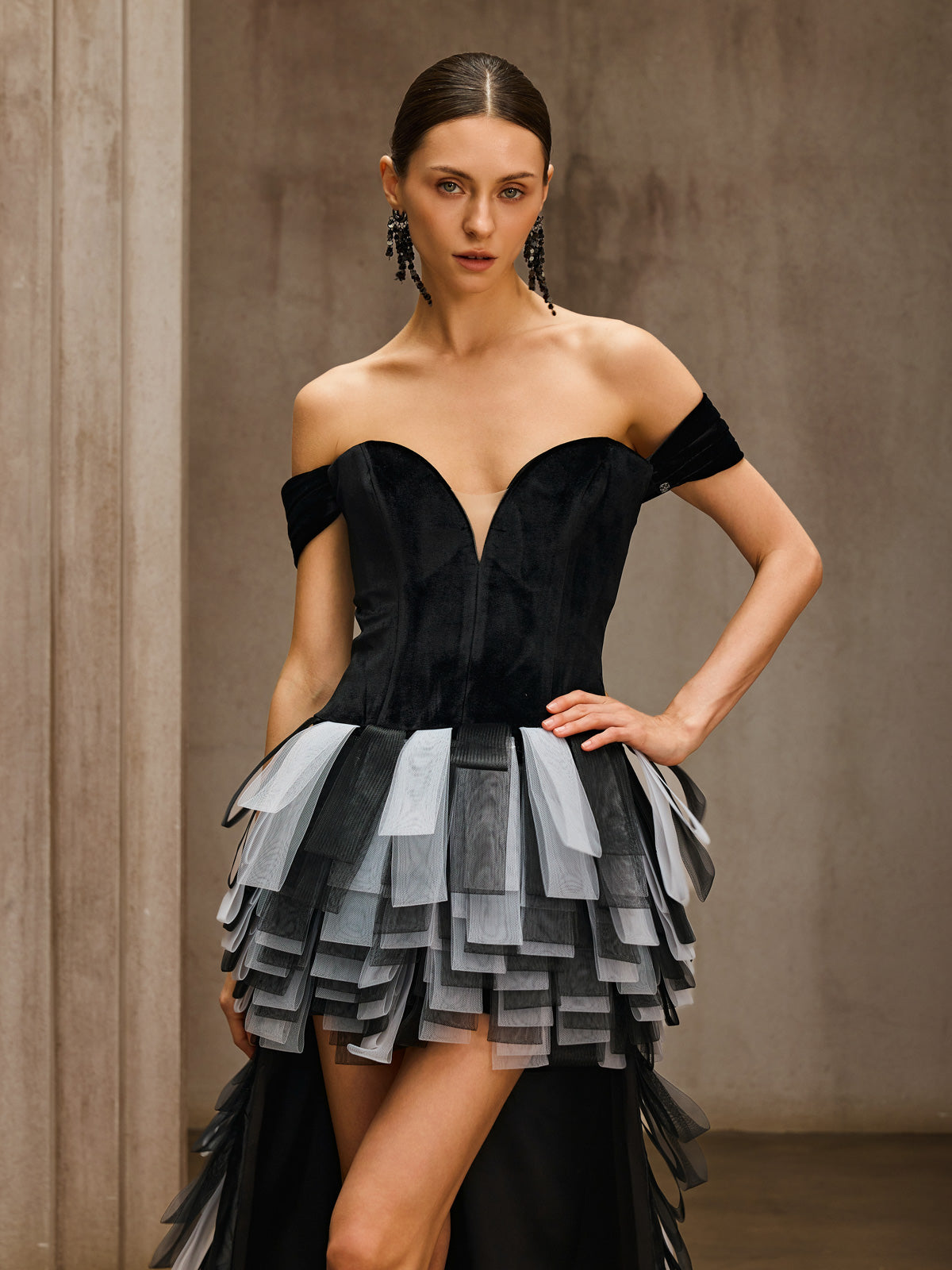 Rosstef Off Shoulder Velvet Trailing Dress
