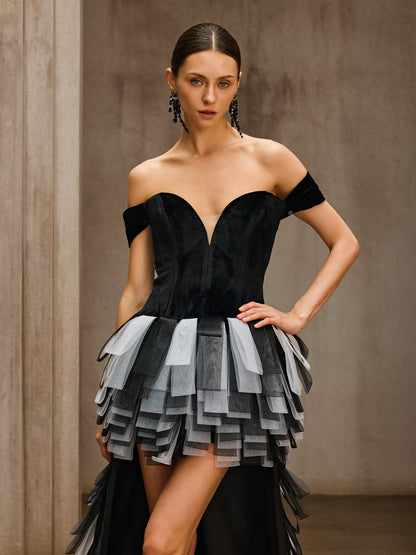 Rosstef Off Shoulder Velvet Trailing Dress