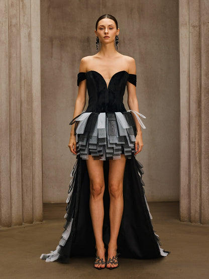 Rosstef Off Shoulder Velvet Trailing Dress