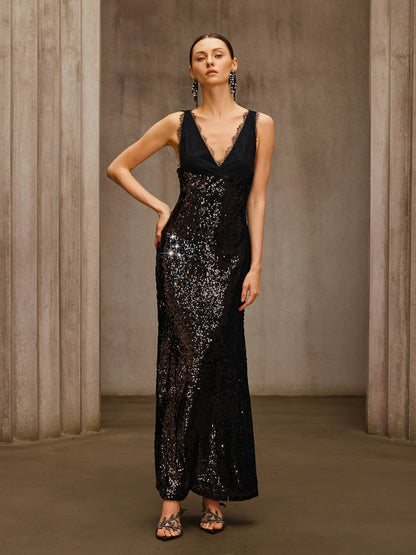 Tyrelix V Neck Sequin Maxi Dress