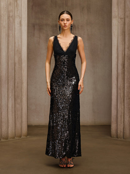 Tyrelix V Neck Sequin Maxi Dress