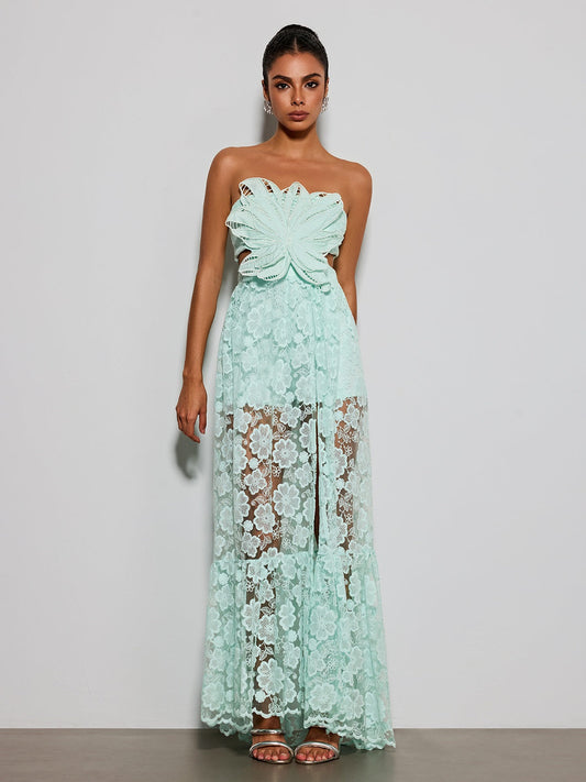 Ulvera Strapless Flower Cutout Maxi Dress In Green