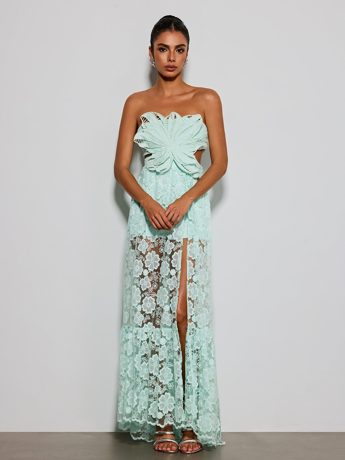 Ulvera Strapless Flower Cutout Maxi Dress In Green