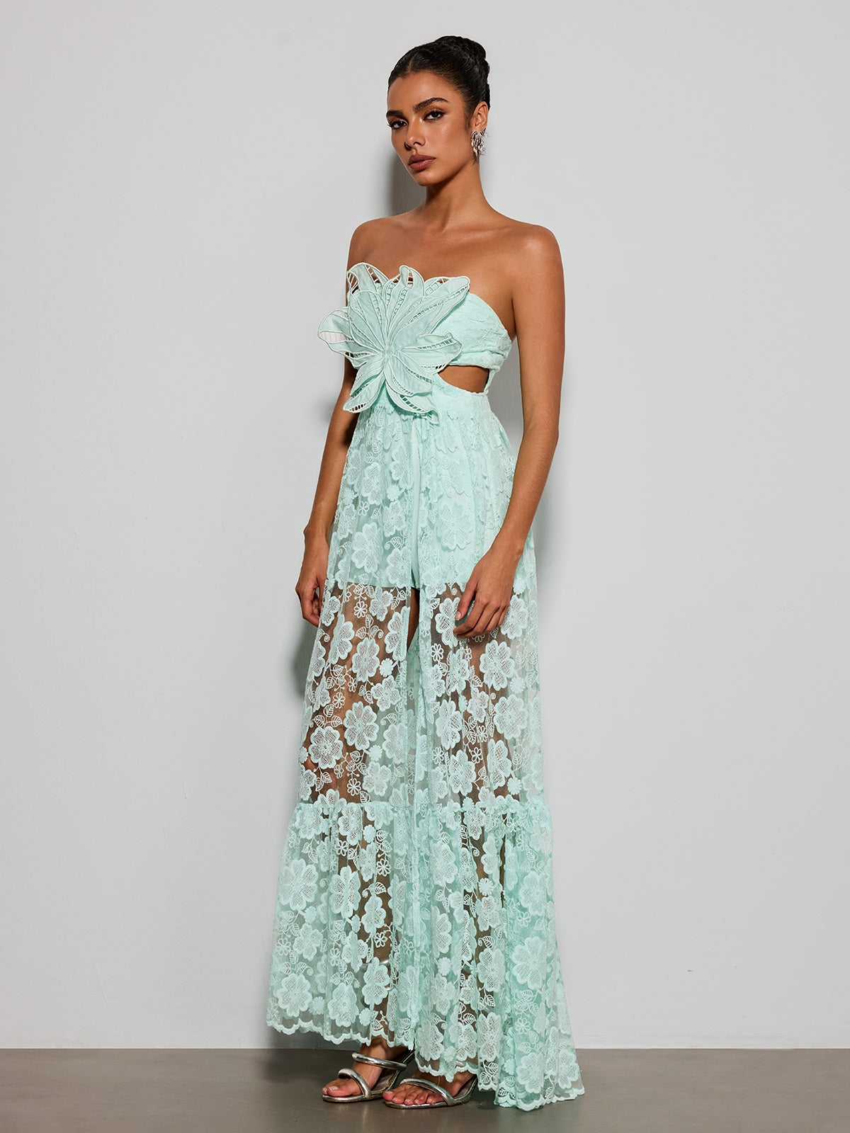 Ulvera Strapless Flower Cutout Maxi Dress In Green