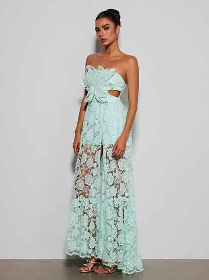 Ulvera Strapless Flower Cutout Maxi Dress In Green
