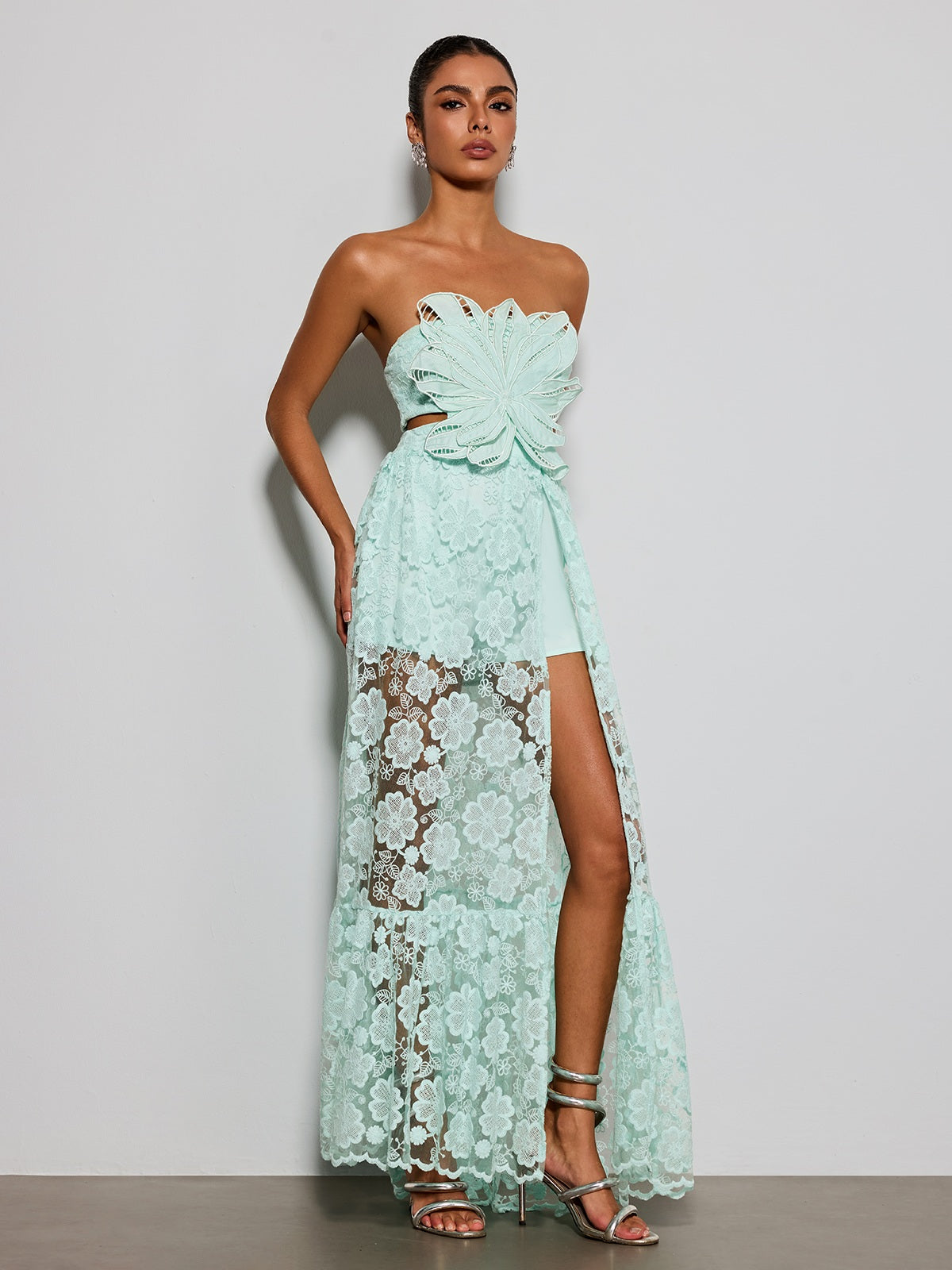Ulvera Strapless Flower Cutout Maxi Dress In Green