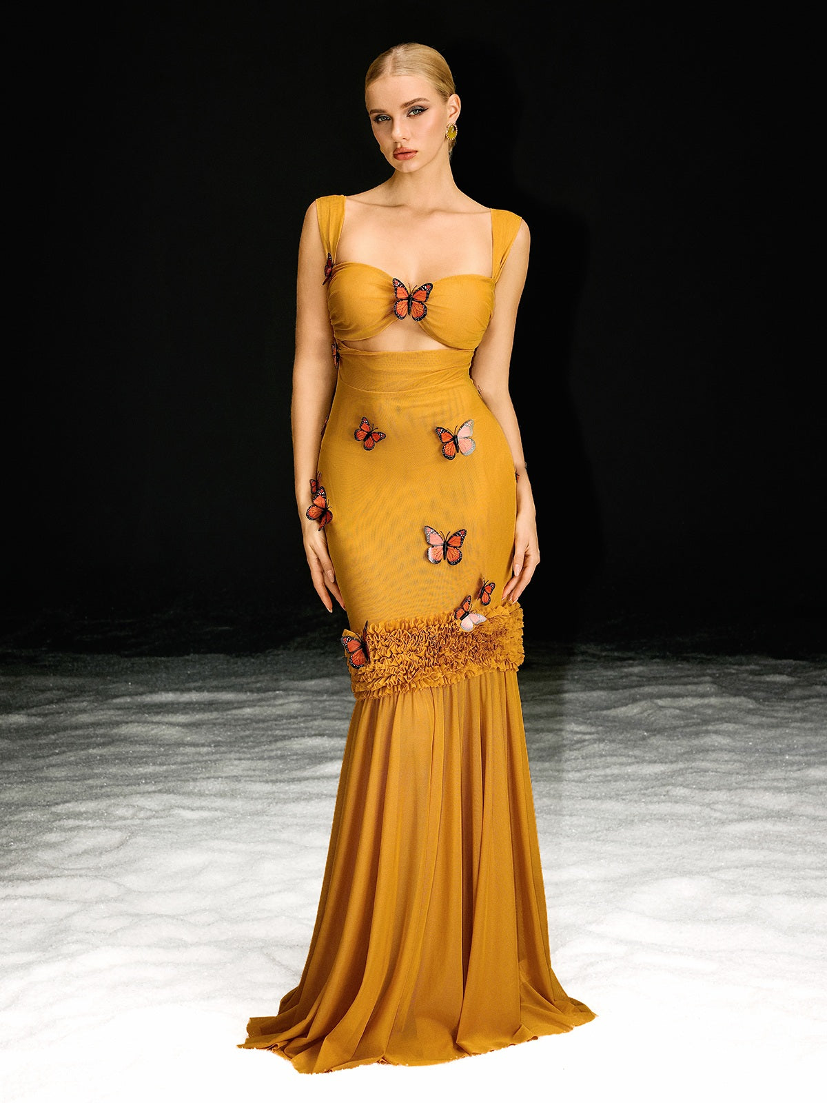 Uzgoth Cutout Butterfly Mesh Maxi Dress