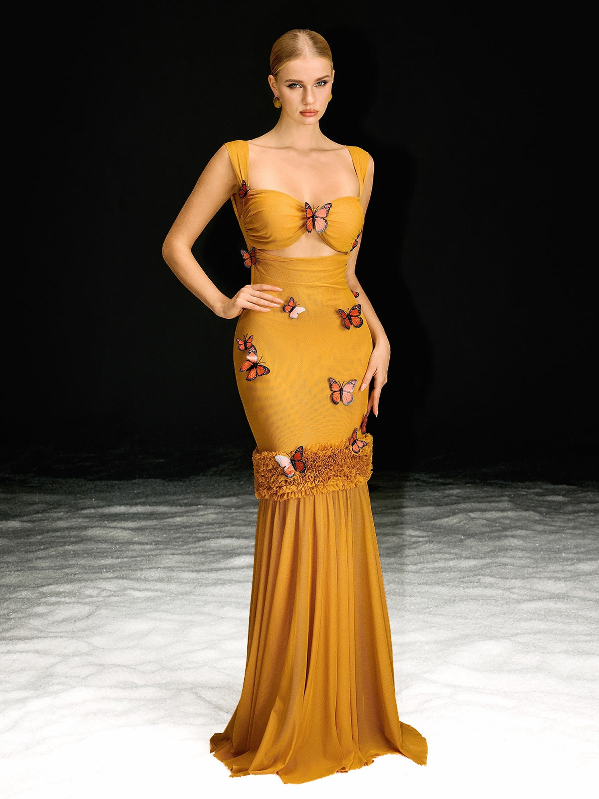 Uzgoth Cutout Butterfly Mesh Maxi Dress