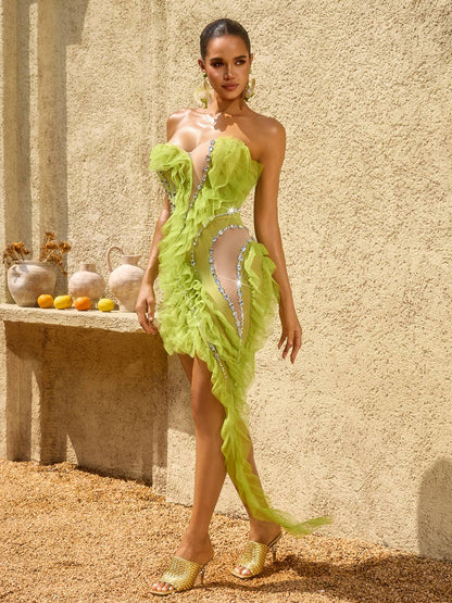 Vaeloric Strapless Crystal Mini Dress In Chartreuse