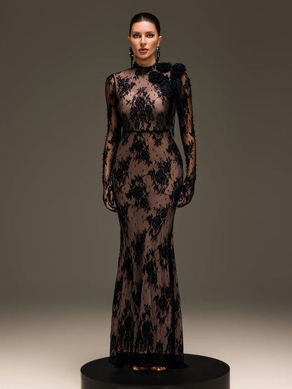 Varnelis Backless Pearl Lace Maxi Dress