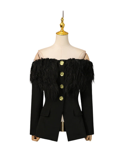 Vazzar Off Shoulder Fringe Blazer