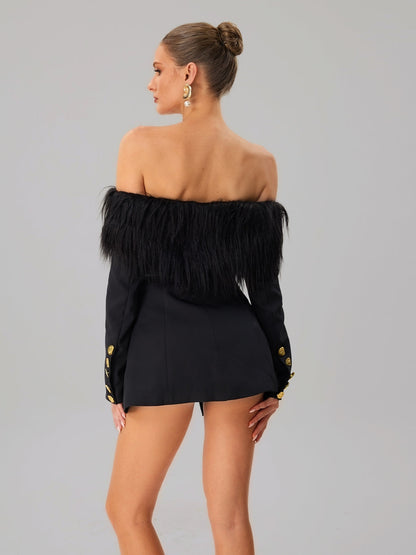 Vazzar Off Shoulder Fringe Blazer