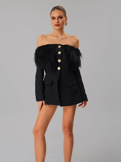 Vazzar Off Shoulder Fringe Blazer