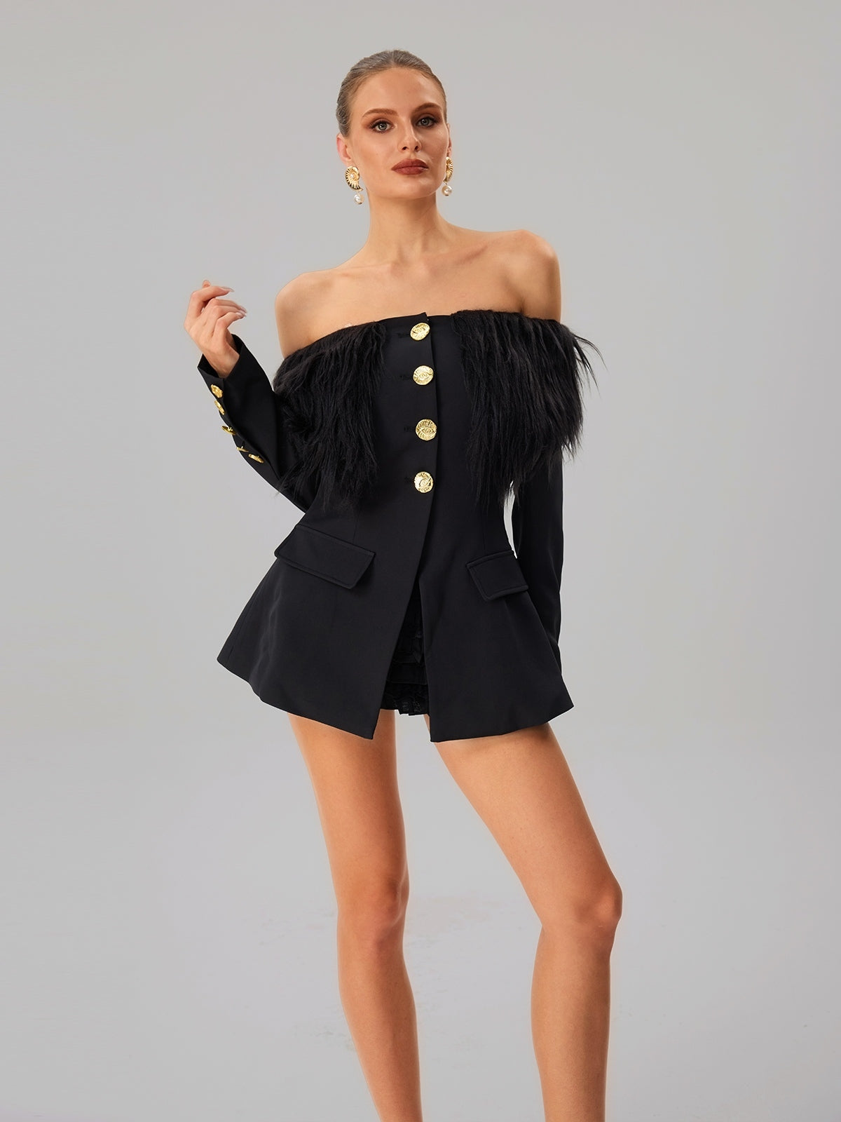 Vazzar Off Shoulder Fringe Blazer