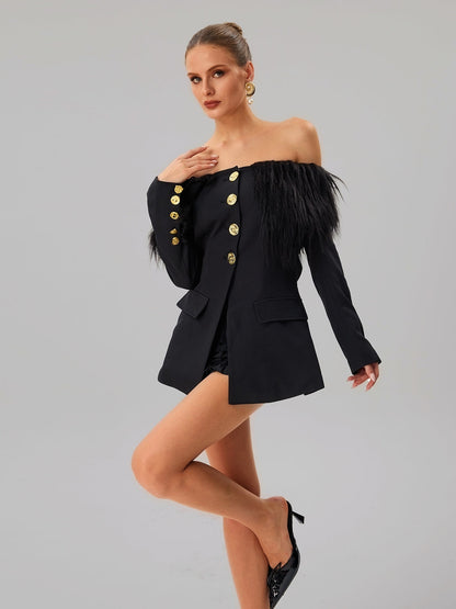 Vazzar Off Shoulder Fringe Blazer