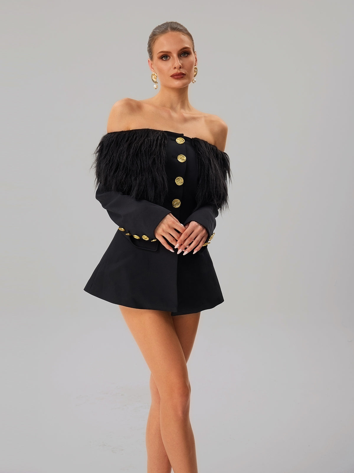 Vazzar Off Shoulder Fringe Blazer