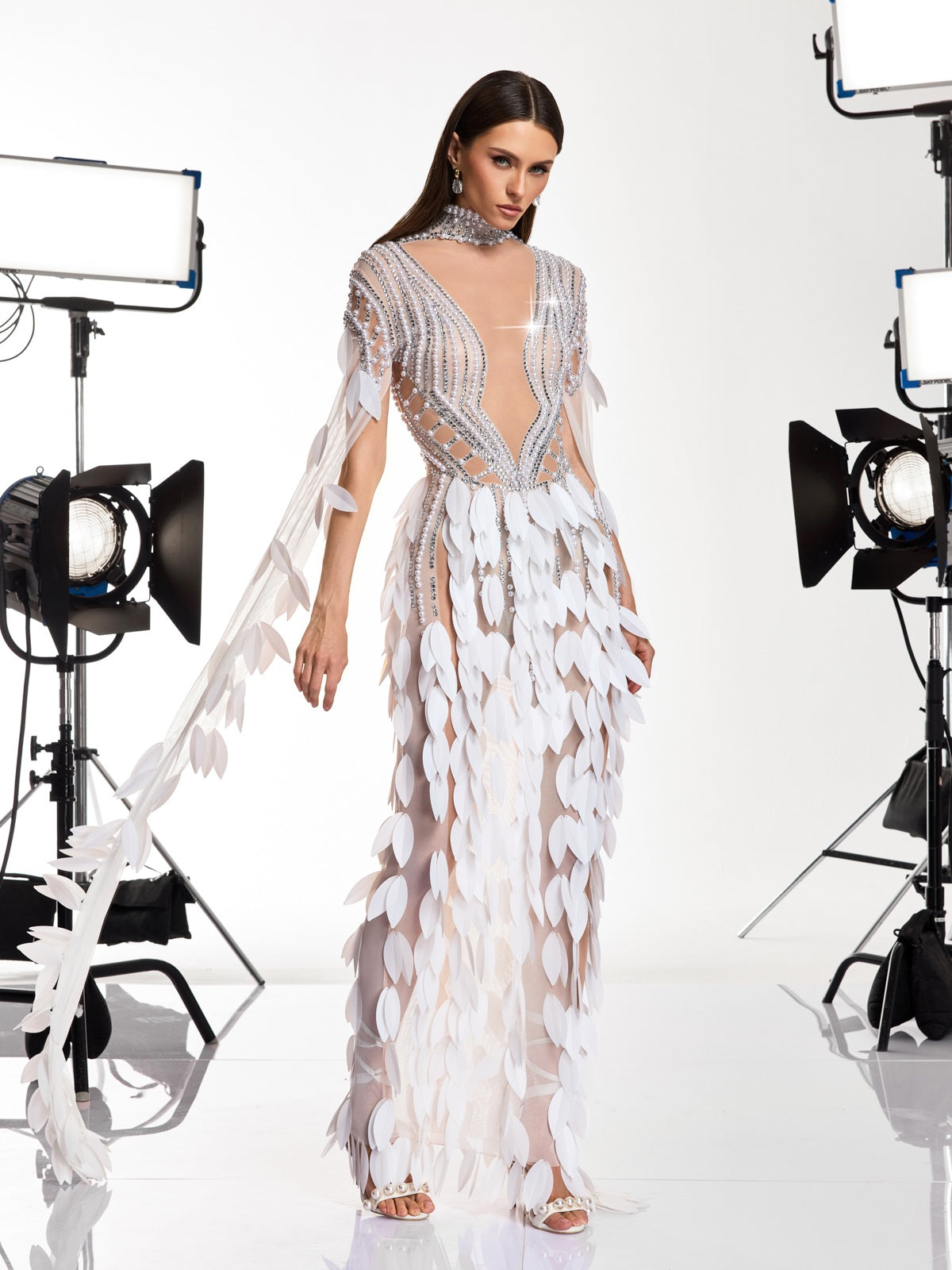 Velune Cape Sleeve Leaf Embellished Maxi Dress