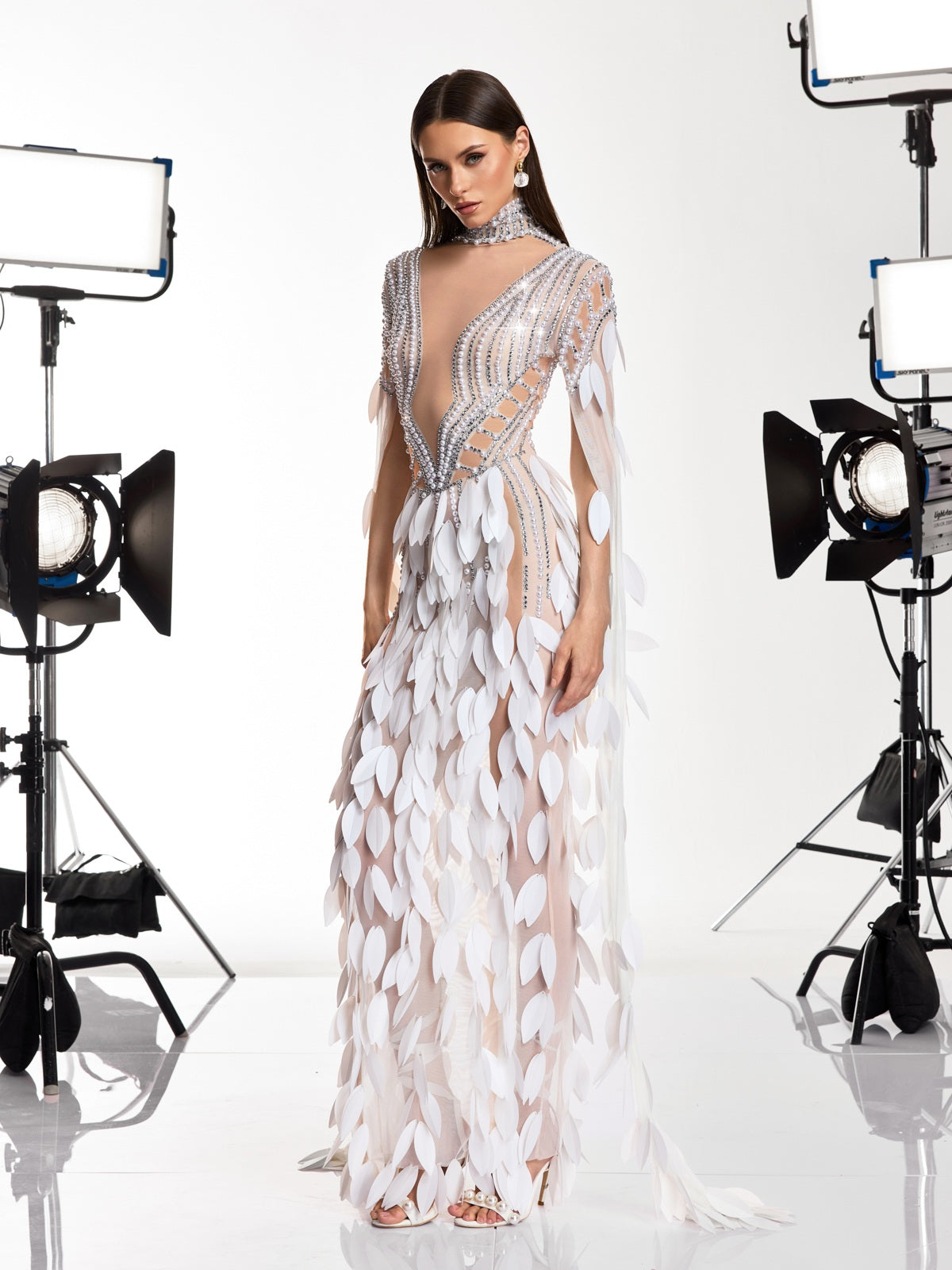 Velune Cape Sleeve Leaf Embellished Maxi Dress