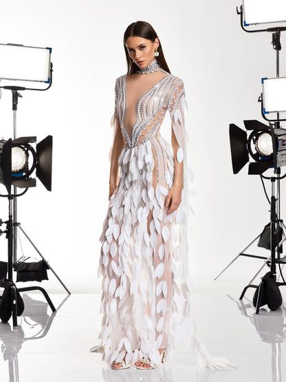 Velune Cape Sleeve Leaf Embellished Maxi Dress